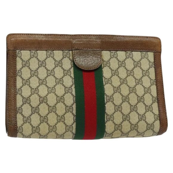 GUCCI GG Supreme Web Sherry Line Clutch Bag PVC Beige Red - Picture 1 of 15
